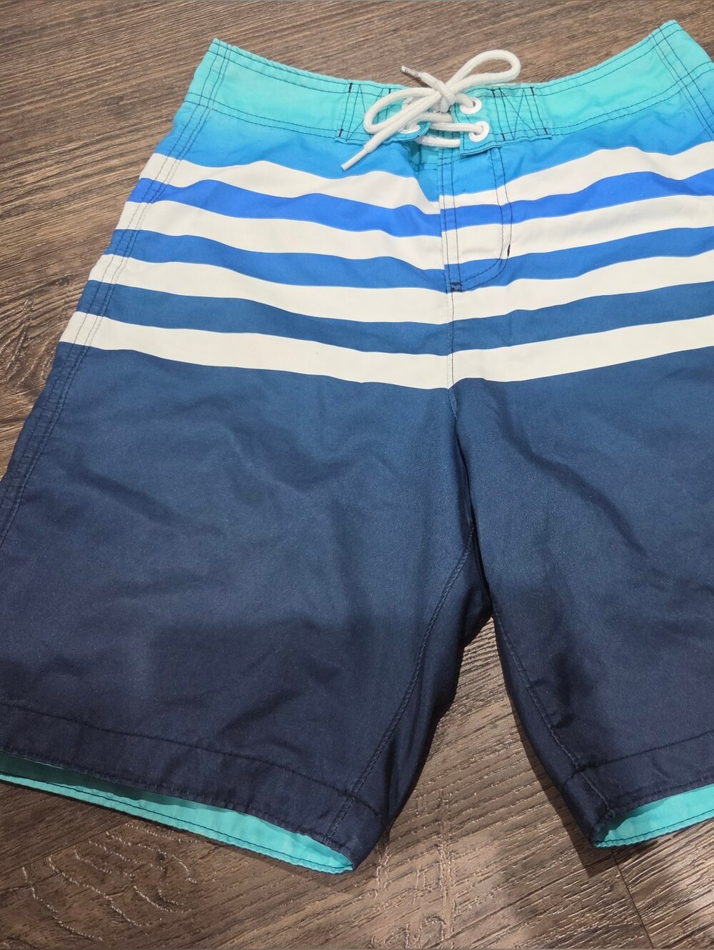 Hollister Turquoise, Navy & White Striped Swim Shorts Mens Teen Size XS